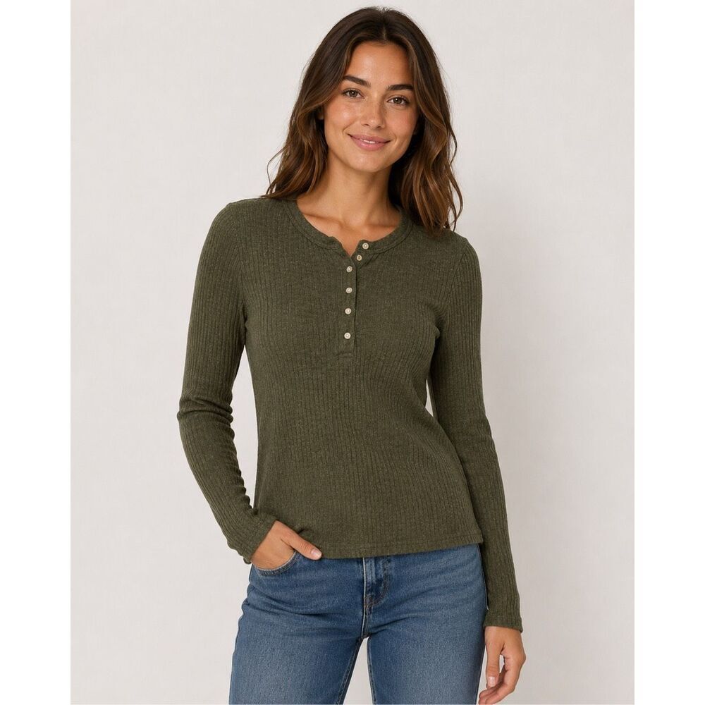 Everlane THE COZY RIB HENLEY KALAMATA Top Organic Cotton Large #500